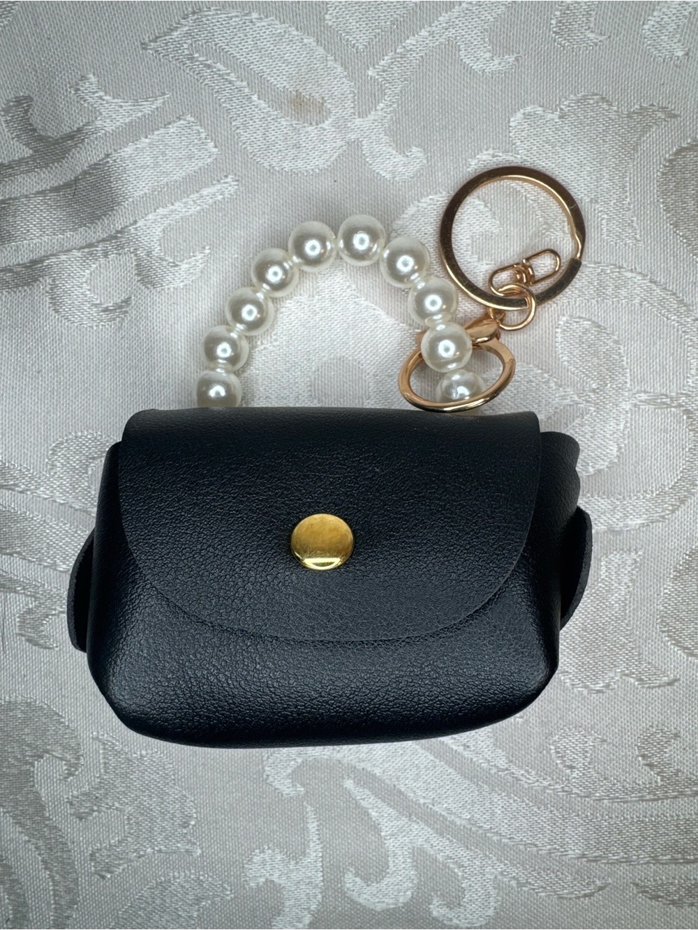 New Black Pearl-Handle Mini Pouch Bag Charm Keychain